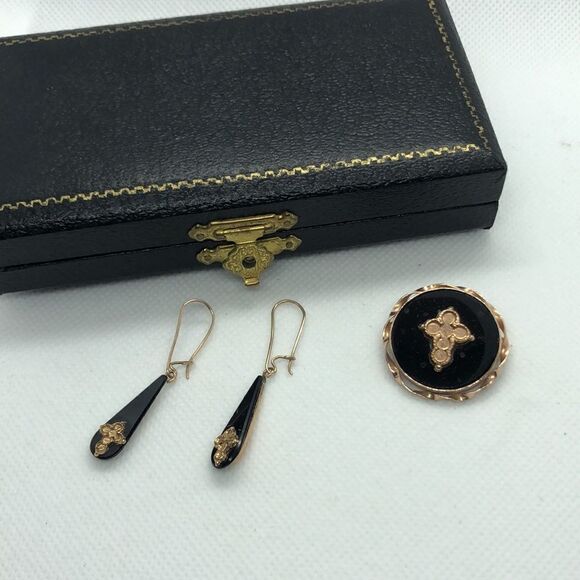 💛 14k Gold Antique Gothic Onyx Mourning Set - Picture 1 of 7